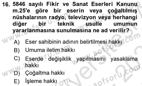 Bilişim Hukuku Dersi 2024 - 2025 Yılı (Final) Dönem Sonu Sınav Soruları 16. Soru