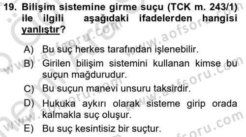 Bilişim Hukuku Dersi 2025 - 2026 Yılı (Vize) Ara Sınav Soruları 19. Soru