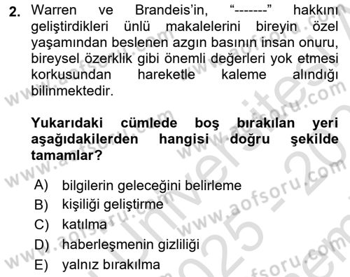 Bilişim Hukuku Dersi 2025 - 2026 Yılı (Final) Dönem Sonu Sınav Soruları 2. Soru