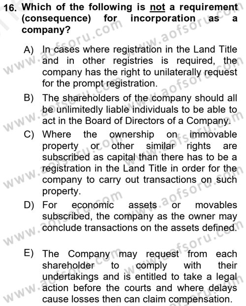 Business Law Dersi 2017 - 2018 Yılı (Vize) Ara Sınav Soruları 16. Soru