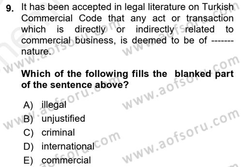 Business Law Dersi 2018 - 2019 Yılı (Vize) Ara Sınav Soruları 9. Soru