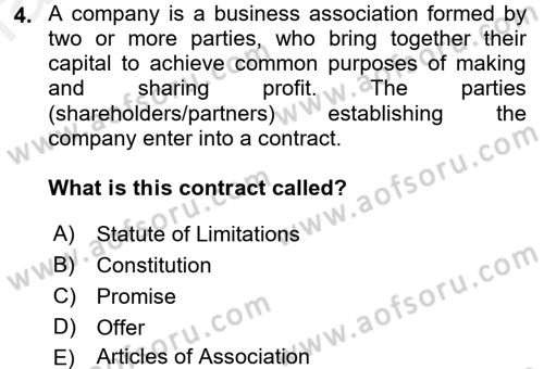 Business Law Dersi 2018 - 2019 Yılı (Final) Dönem Sonu Sınav Soruları 4. Soru