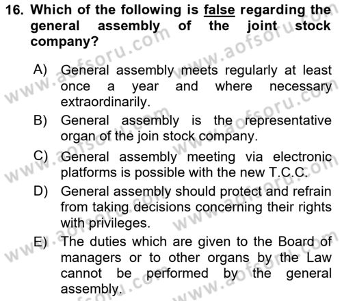 Business Law Dersi 2023 - 2024 Yılı (Vize) Ara Sınav Soruları 16. Soru