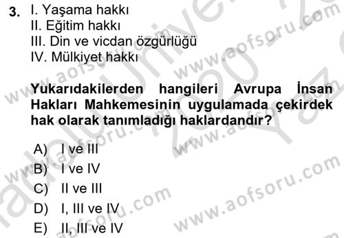 İnsan Hakları Hukukuna Giriş Dersi 2020 - 2021 Yılı Yaz Okulu Sınav Soruları 3. Soru