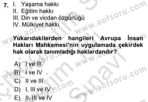 İnsan Hakları Hukukuna Giriş Dersi 2021 - 2022 Yılı (Vize) Ara Sınav Soruları 7. Soru