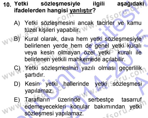 Medeni Usul Hukuku Dersi 2014 - 2015 Yılı (Vize) Ara Sınav Soruları 10. Soru
