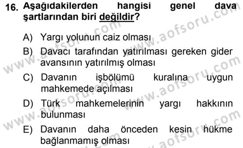 Medeni Usul Hukuku Dersi 2014 - 2015 Yılı (Vize) Ara Sınav Soruları 16. Soru