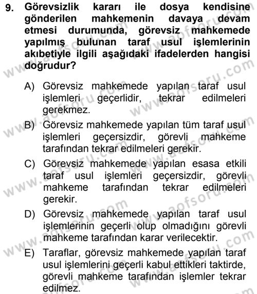 Medeni Usul Hukuku Dersi 2014 - 2015 Yılı (Vize) Ara Sınav Soruları 9. Soru