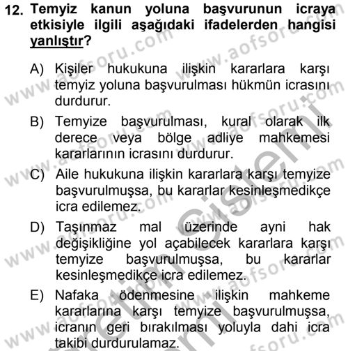 Medeni Usul Hukuku Dersi 2014 - 2015 Yılı (Final) Dönem Sonu Sınav Soruları 12. Soru