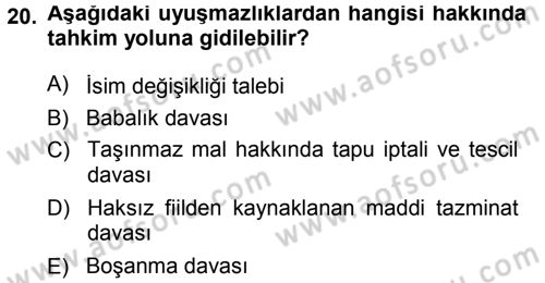 Medeni Usul Hukuku Dersi 2014 - 2015 Yılı Tek Ders Sınav Soruları 20. Soru