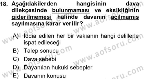 Medeni Usul Hukuku Dersi 2015 - 2016 Yılı (Vize) Ara Sınav Soruları 18. Soru