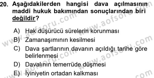 Medeni Usul Hukuku Dersi 2015 - 2016 Yılı (Vize) Ara Sınav Soruları 20. Soru