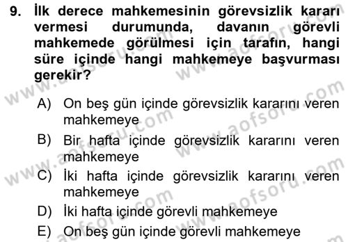 Medeni Usul Hukuku Dersi 2015 - 2016 Yılı (Vize) Ara Sınav Soruları 9. Soru