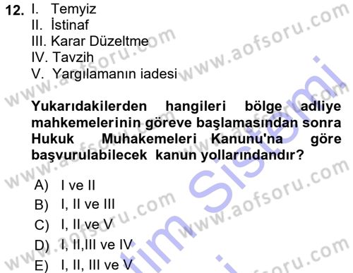 Medeni Usul Hukuku Dersi 2015 - 2016 Yılı (Final) Dönem Sonu Sınav Soruları 12. Soru