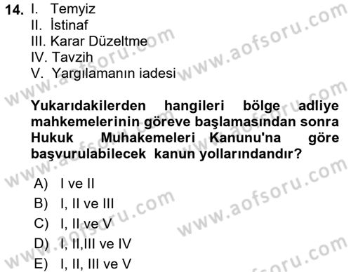 Medeni Usul Hukuku Dersi 2015 - 2016 Yılı Tek Ders Sınav Soruları 14. Soru