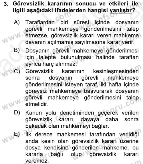 Medeni Usul Hukuku Dersi 2016 - 2017 Yılı (Final) Dönem Sonu Sınav Soruları 3. Soru
