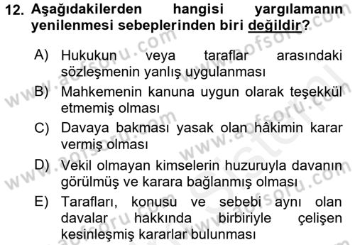 Medeni Usul Hukuku Dersi 2017 - 2018 Yılı 3 Ders Sınav Soruları 12. Soru