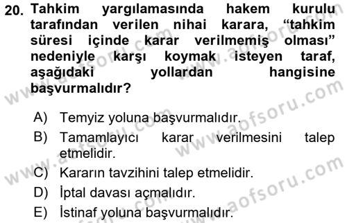 Medeni Usul Hukuku Dersi 2017 - 2018 Yılı 3 Ders Sınav Soruları 20. Soru