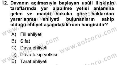 Medeni Usul Hukuku Dersi 2017 - 2018 Yılı (Vize) Ara Sınav Soruları 12. Soru