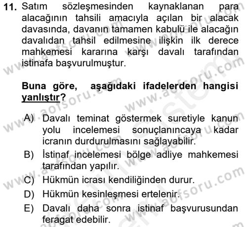 Medeni Usul Hukuku Dersi 2017 - 2018 Yılı (Final) Dönem Sonu Sınav Soruları 11. Soru