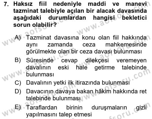 Medeni Usul Hukuku Dersi 2017 - 2018 Yılı (Final) Dönem Sonu Sınav Soruları 7. Soru