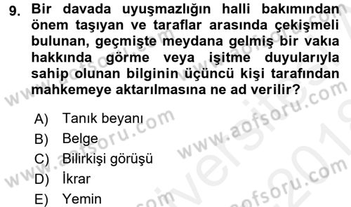 Medeni Usul Hukuku Dersi 2017 - 2018 Yılı (Final) Dönem Sonu Sınav Soruları 9. Soru