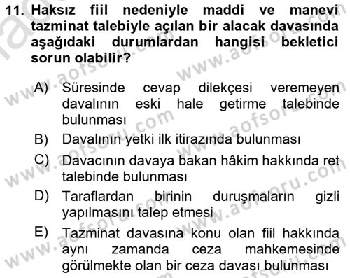 Medeni Usul Hukuku Dersi 2018 - 2019 Yılı 3 Ders Sınav Soruları 11. Soru