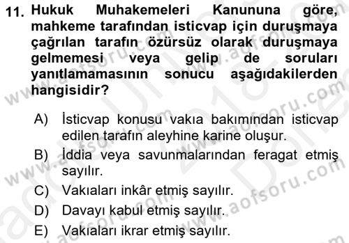 Medeni Usul Hukuku Dersi 2018 - 2019 Yılı (Final) Dönem Sonu Sınav Soruları 11. Soru