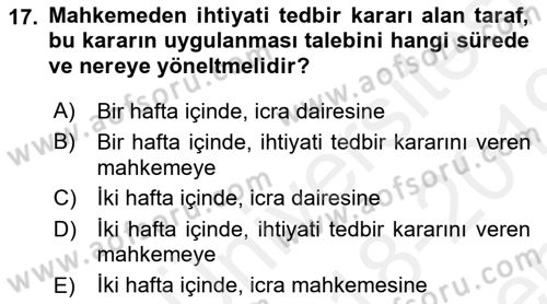Medeni Usul Hukuku Dersi 2018 - 2019 Yılı (Final) Dönem Sonu Sınav Soruları 17. Soru