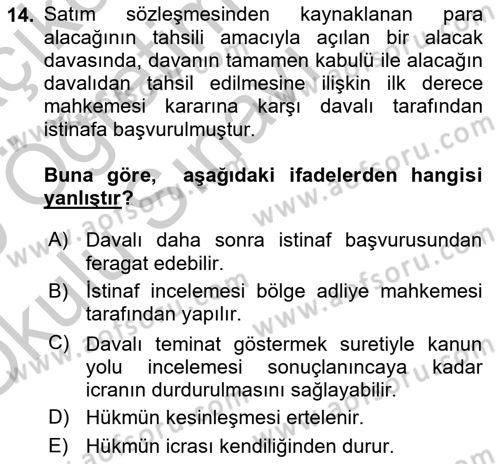 Medeni Usul Hukuku Dersi 2018 - 2019 Yılı Yaz Okulu Sınav Soruları 14. Soru