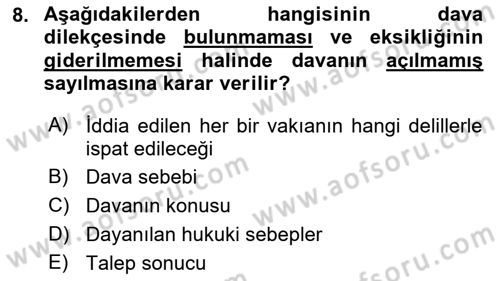 Medeni Usul Hukuku Dersi 2018 - 2019 Yılı Yaz Okulu Sınav Soruları 8. Soru