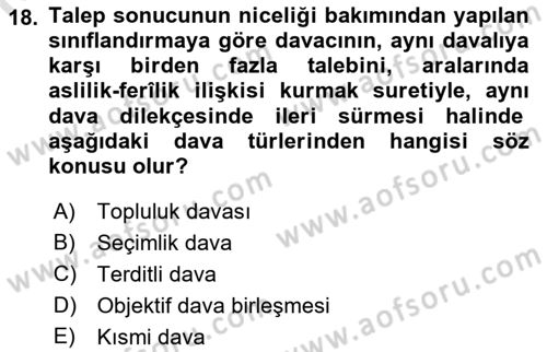 Medeni Usul Hukuku Dersi 2019 - 2020 Yılı (Vize) Ara Sınav Soruları 18. Soru