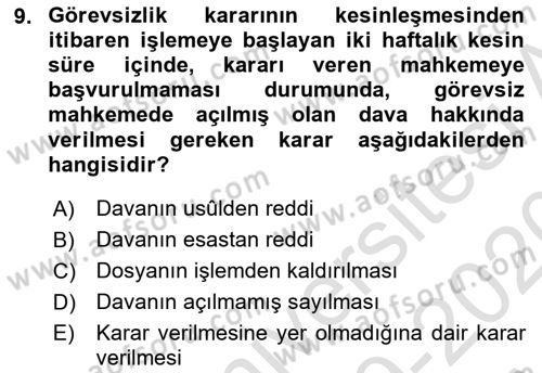 Medeni Usul Hukuku Dersi 2019 - 2020 Yılı (Vize) Ara Sınav Soruları 9. Soru