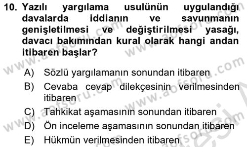 Medeni Usul Hukuku Dersi 2019 - 2020 Yılı (Final) Dönem Sonu Sınav Soruları 10. Soru