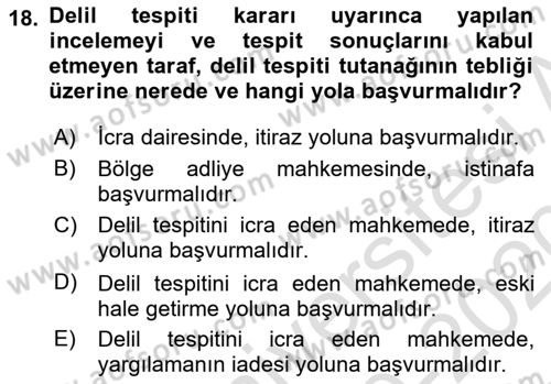 Medeni Usul Hukuku Dersi 2019 - 2020 Yılı (Final) Dönem Sonu Sınav Soruları 18. Soru