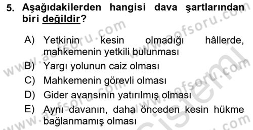 Medeni Usul Hukuku Dersi 2019 - 2020 Yılı (Final) Dönem Sonu Sınav Soruları 5. Soru
