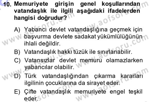 Memur Hukuku Dersi 2014 - 2015 Yılı (Vize) Ara Sınav Soruları 10. Soru