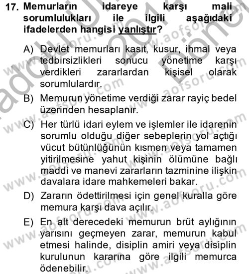 Memur Hukuku Dersi 2014 - 2015 Yılı (Final) Dönem Sonu Sınav Soruları 17. Soru