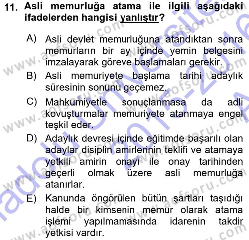 Memur Hukuku Dersi 2015 - 2016 Yılı (Vize) Ara Sınav Soruları 11. Soru