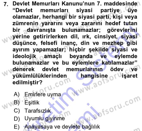 Memur Hukuku Dersi 2015 - 2016 Yılı (Final) Dönem Sonu Sınav Soruları 7. Soru