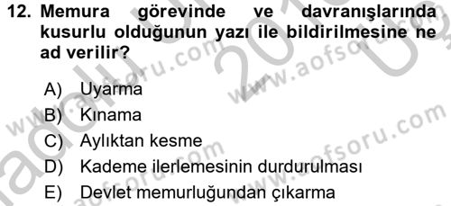 Memur Hukuku Dersi 2016 - 2017 Yılı 3 Ders Sınavı 12. Soru