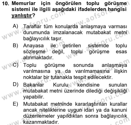 Memur Hukuku Dersi 2016 - 2017 Yılı (Vize) Ara Sınav Soruları 10. Soru