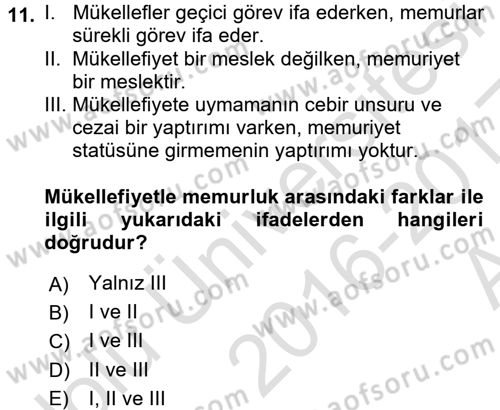 Memur Hukuku Dersi 2016 - 2017 Yılı (Vize) Ara Sınav Soruları 11. Soru