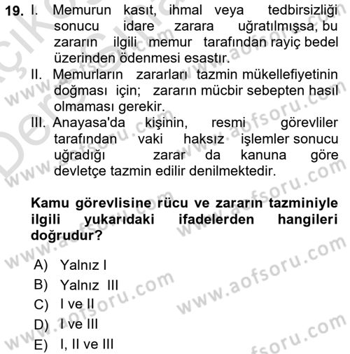 Memur Hukuku Dersi 2018 - 2019 Yılı 3 Ders Sınav Soruları 19. Soru