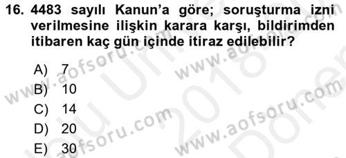 Memur Hukuku Dersi 2018 - 2019 Yılı (Final) Dönem Sonu Sınav Soruları 16. Soru