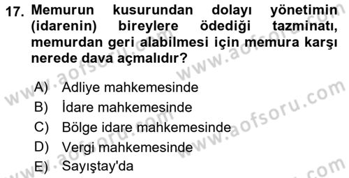 Memur Hukuku Dersi 2018 - 2019 Yılı (Final) Dönem Sonu Sınav Soruları 17. Soru
