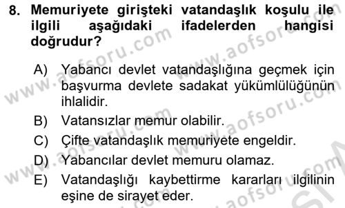 Memur Hukuku Dersi 2019 - 2020 Yılı (Vize) Ara Sınav Soruları 8. Soru