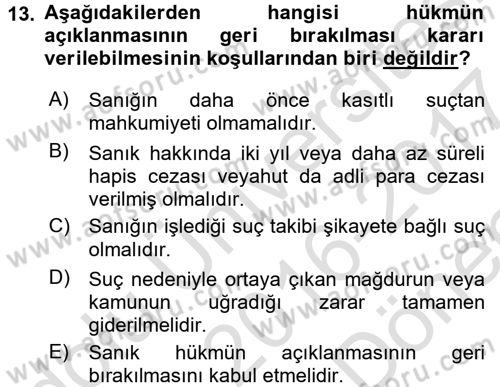 Ceza Muhakemesi Hukuku Dersi 2016 - 2017 Yılı (Final) Dönem Sonu Sınav Soruları 13. Soru