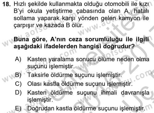 Ceza Hukuku Dersi 2016 - 2017 Yılı 3 Ders Sınav Soruları 18. Soru