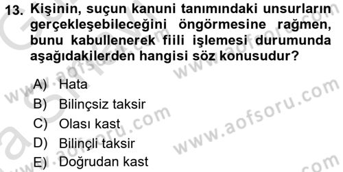 Ceza Hukuku Dersi 2016 - 2017 Yılı (Vize) Ara Sınav Soruları 13. Soru